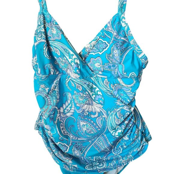 Lauren Ralph Lauren One-Piece Swimsuit 10 Bandana Paisley Aqua Blue Ruched V Nec - Picture 2 of 11